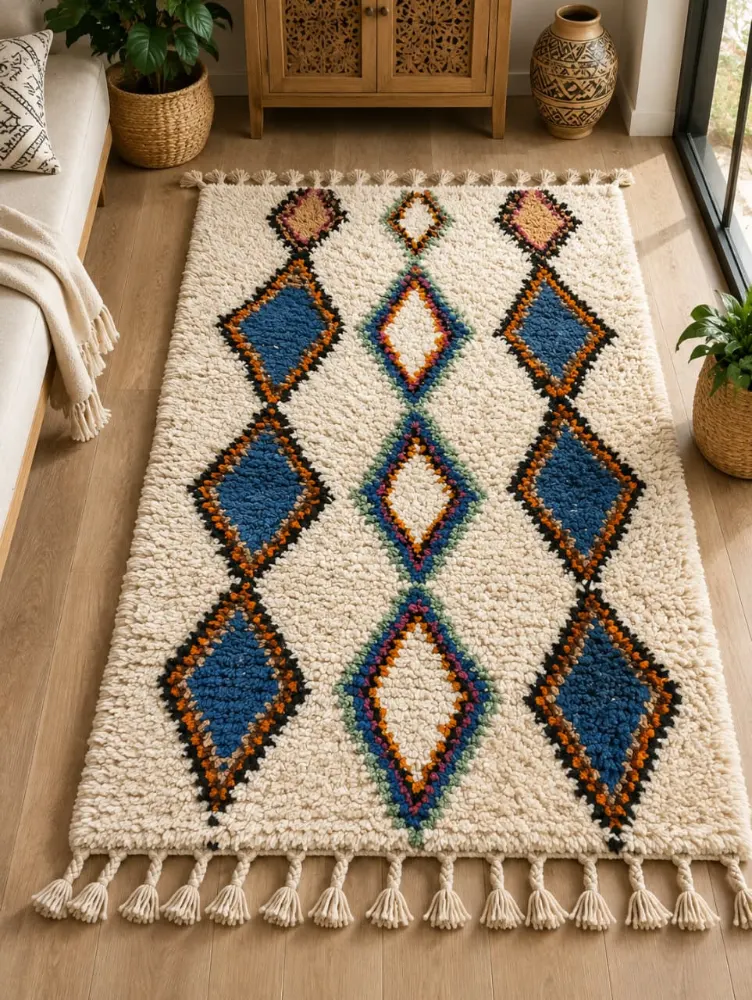 Handmade Natural Wool Geometric Diamond Rug with Tassels (1m x 1.5m)