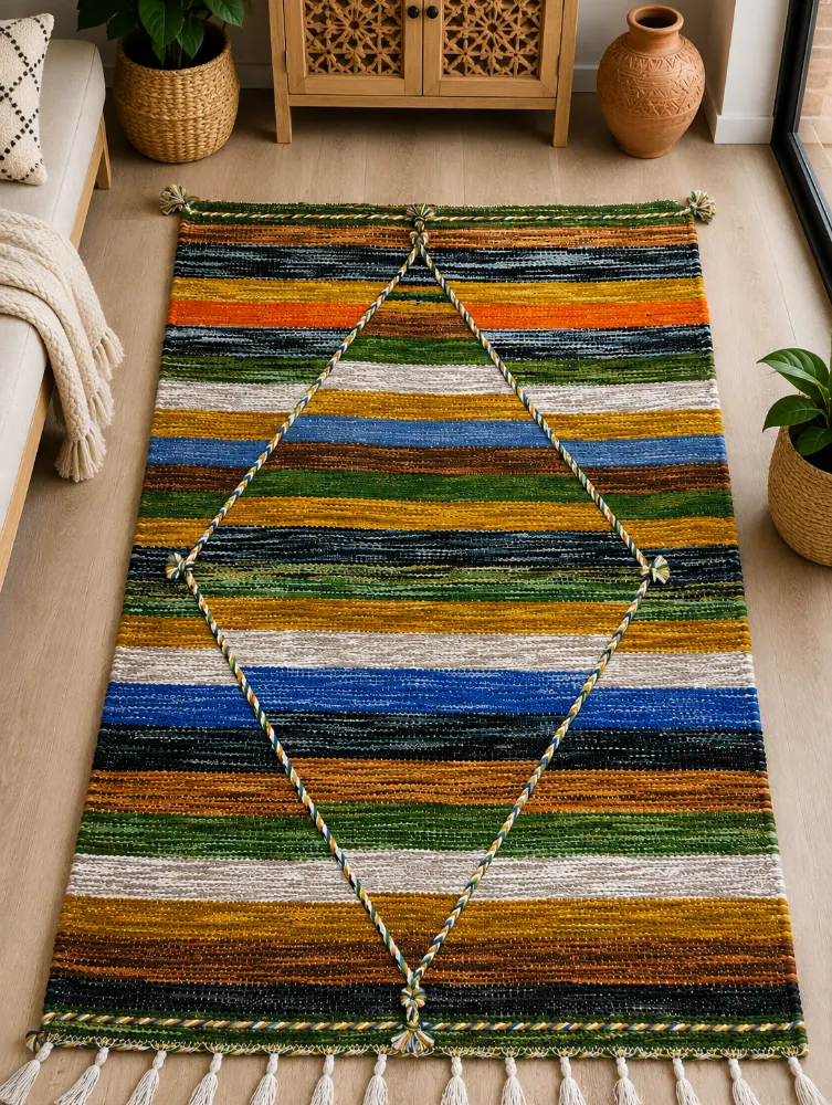 Handmade Natural Wool Hanbel Rug 1x1.5m - Lightweight Striped Rug