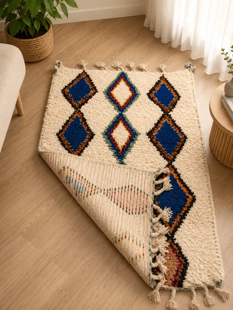 Handmade Natural Wool Geometric Diamond Rug with Tassels (1m x 1.5m)