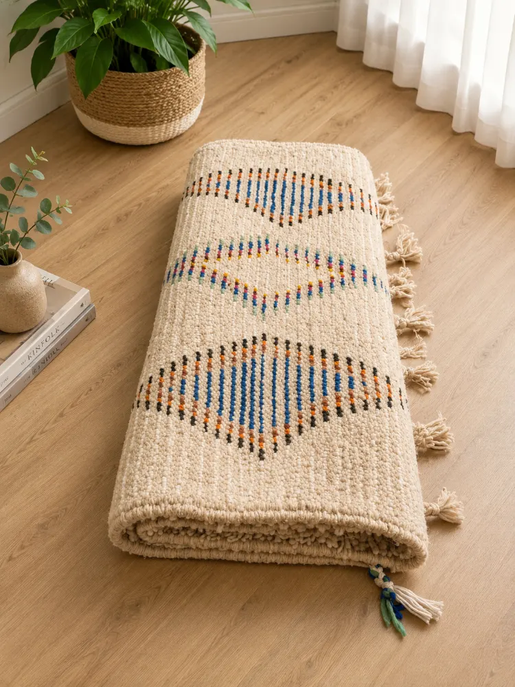 Handmade Natural Wool Geometric Diamond Rug with Tassels (1m x 1.5m)