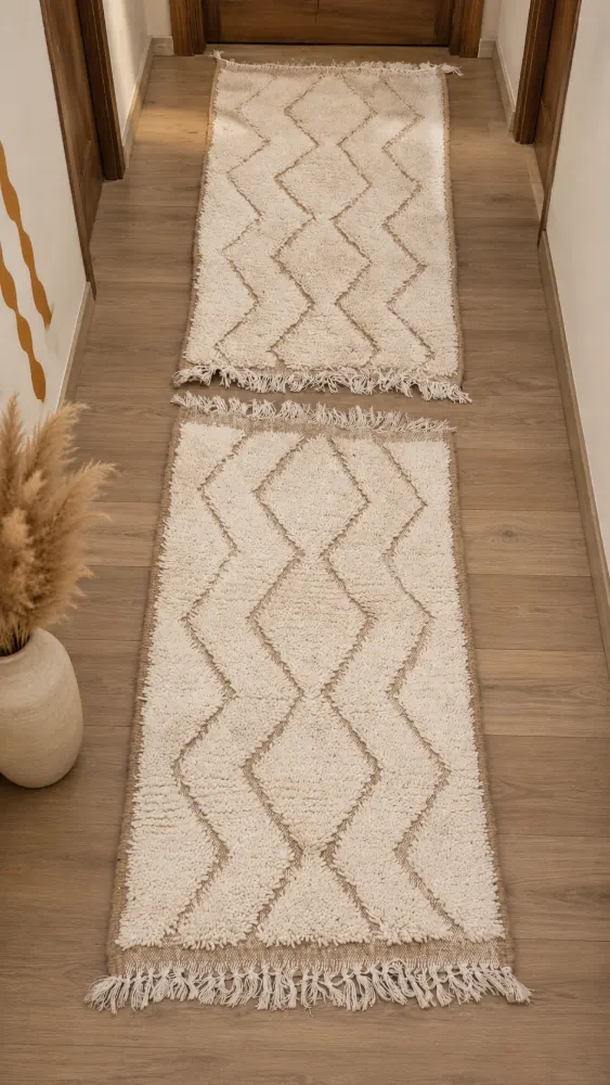 Handmade Natural Wool Accent Rug 100x60 cm - Off-White Geometric Mat