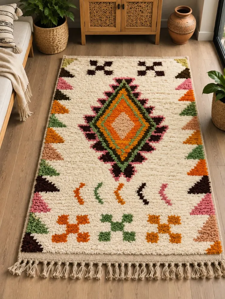 Handmade Natural Wool Traditional Rug - 1 x 1.5m Geometric Area Rug