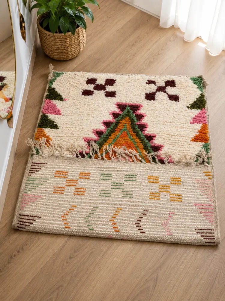 Handmade Natural Wool Traditional Rug - 1 x 1.5m Geometric Area Rug